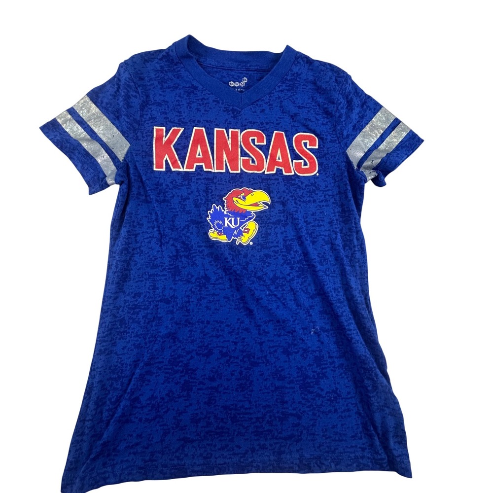 Kansas Jayhawks Shirt Women's Large Blue Burnout V-Neck T-Shirt KU NCAA